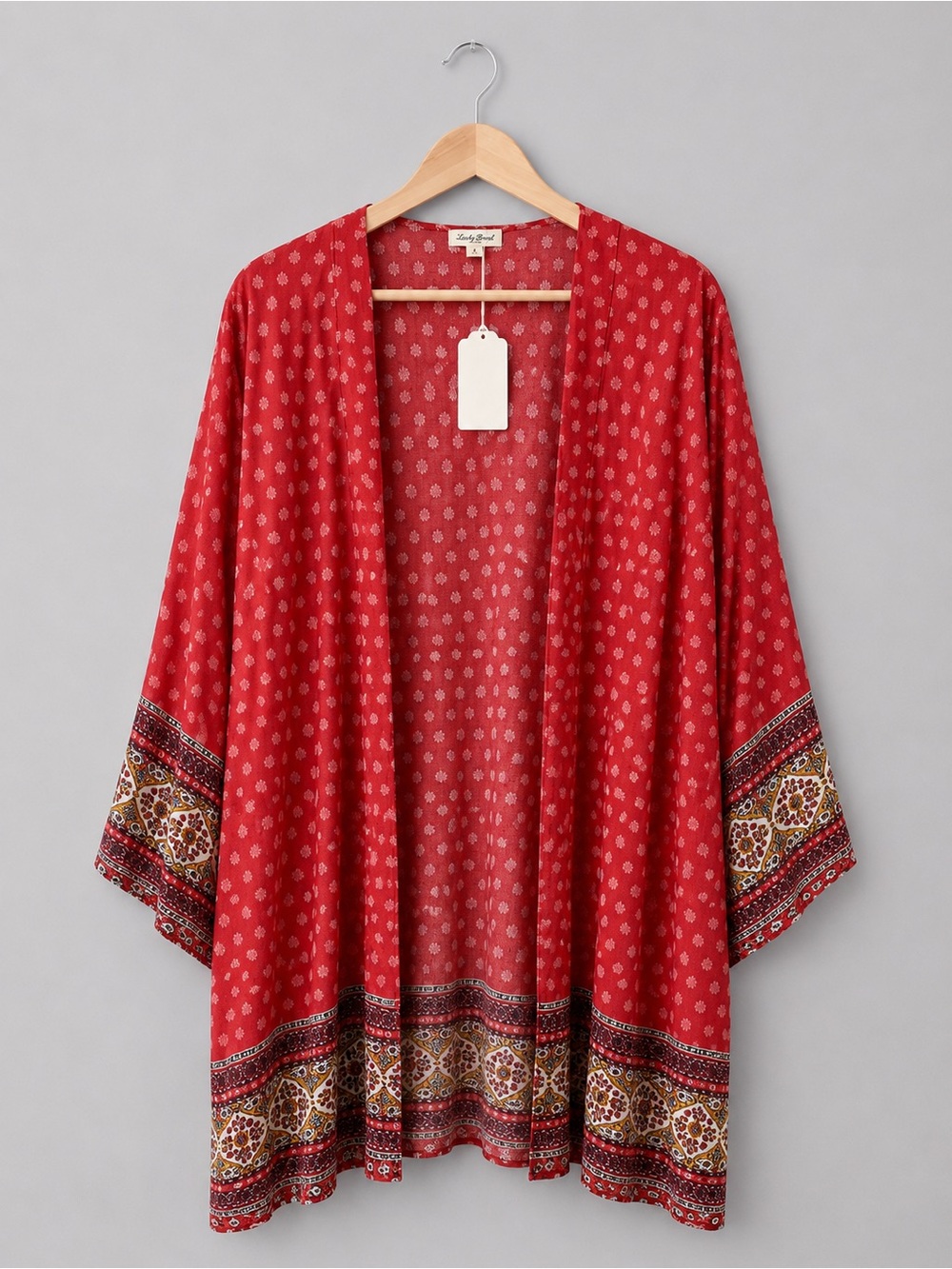 Hem & Thread Boho Kimono Cardigan Floral Border Print Open Front Cover Up
